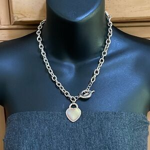 Bold Rolo Link Toggle Clasp Heart Pendant Charm Necklace Vintage Silver
